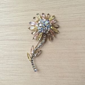 LARGE RHINESTONE Flower Pin Aurora Borealis